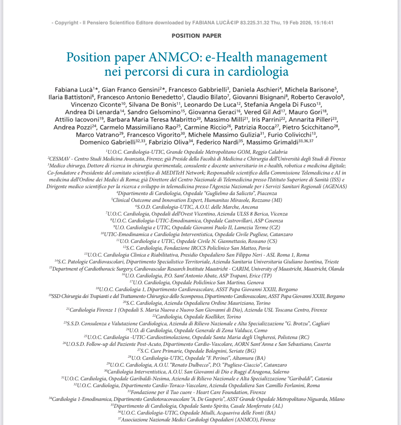Pubblicato sul Giornale Italiano di Cardiologia il Position Paper ANMCO sulla teleme ...