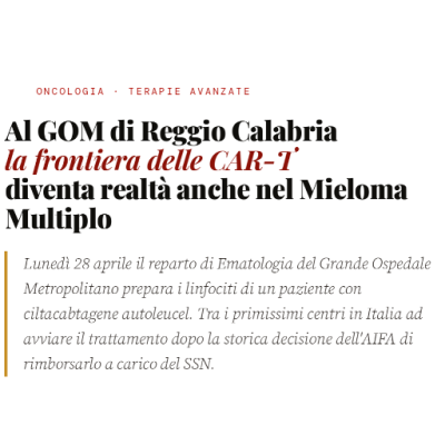 Al GOM di Reggio Calabria la frontiera delle CAR-T diventa realtà anche nel Mieloma ...